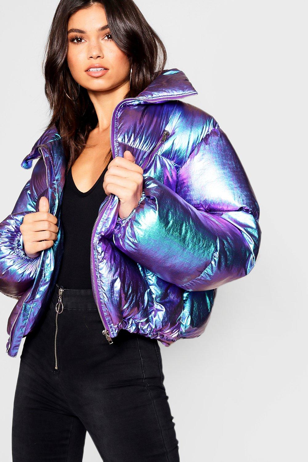 Purple metallic store puffer jacket